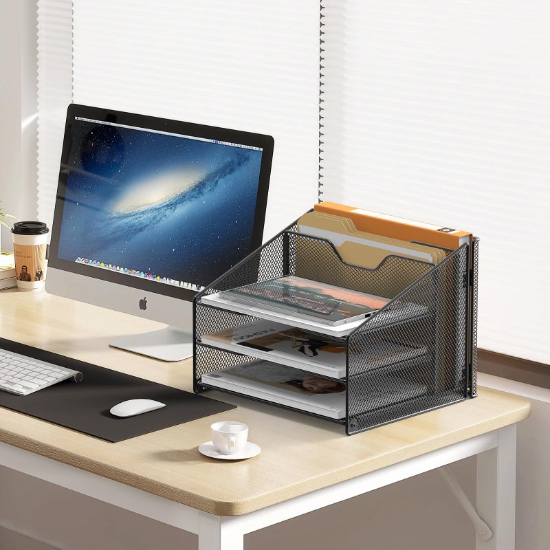 Samstar Desk File Organizer, Mesh Letter File Folder Holder with 3 Paper Trays and 2 Vertical Upright Section, for Office Supplies,Desk Accessories & Workspace,Black. - Image 3
